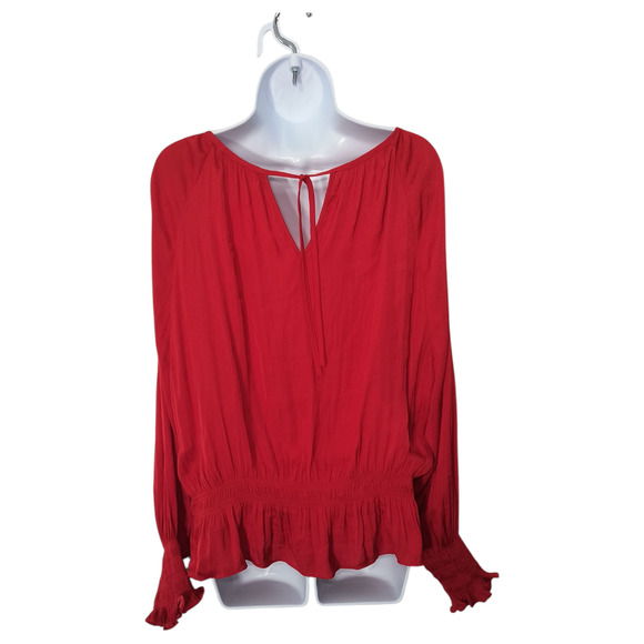 H&M Peasant Blouse Women's Sz 14 Red Long Sleeve Ruffle Shirred Waist Cuffs Top - Picture 5 of 12